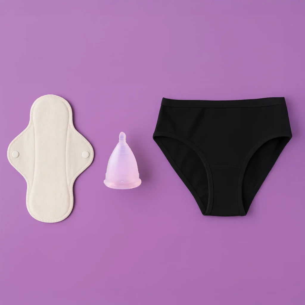 Comparativa de productos para una menstruación sostenible: copa menstrual Angelcup de silicón, toalla de tela floreada y braga menstrual.