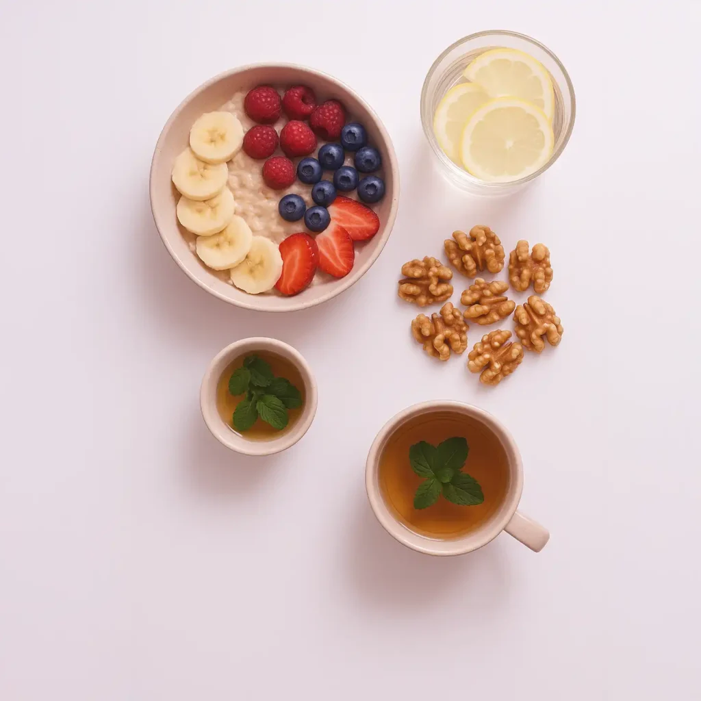 Alimentos saludables como avena y té de hierbas, nutrición consciente para aliviar los síntomas del SPM.