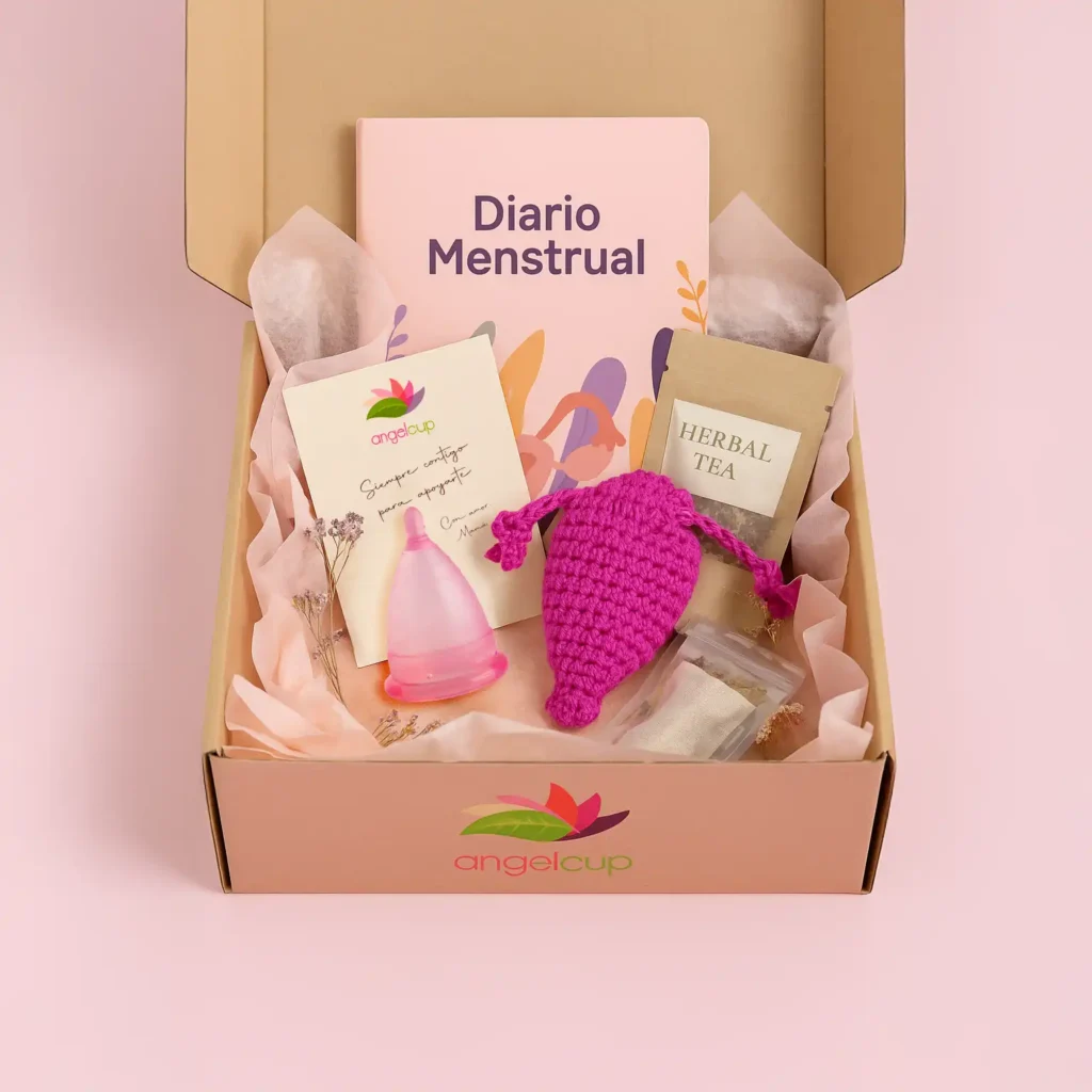 Kit de regalo para la primera menstruación con copa Angelcup, bolsita de tela y una carta de apoyo, un gesto de amor y acompañamiento.