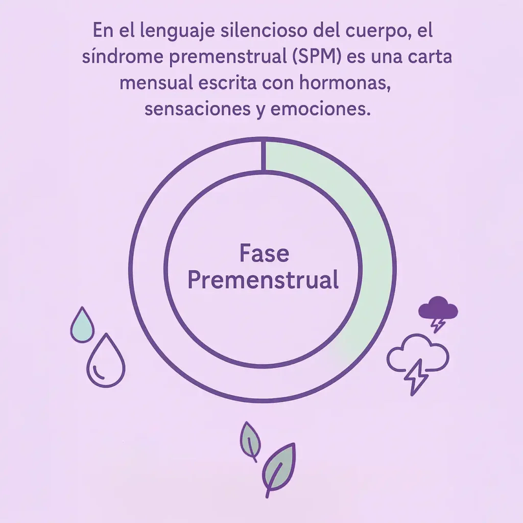 Ilustración del ciclo menstrual que muestra la fase y síntomas del SPM, una guía visual para entender tu cuerpo.
