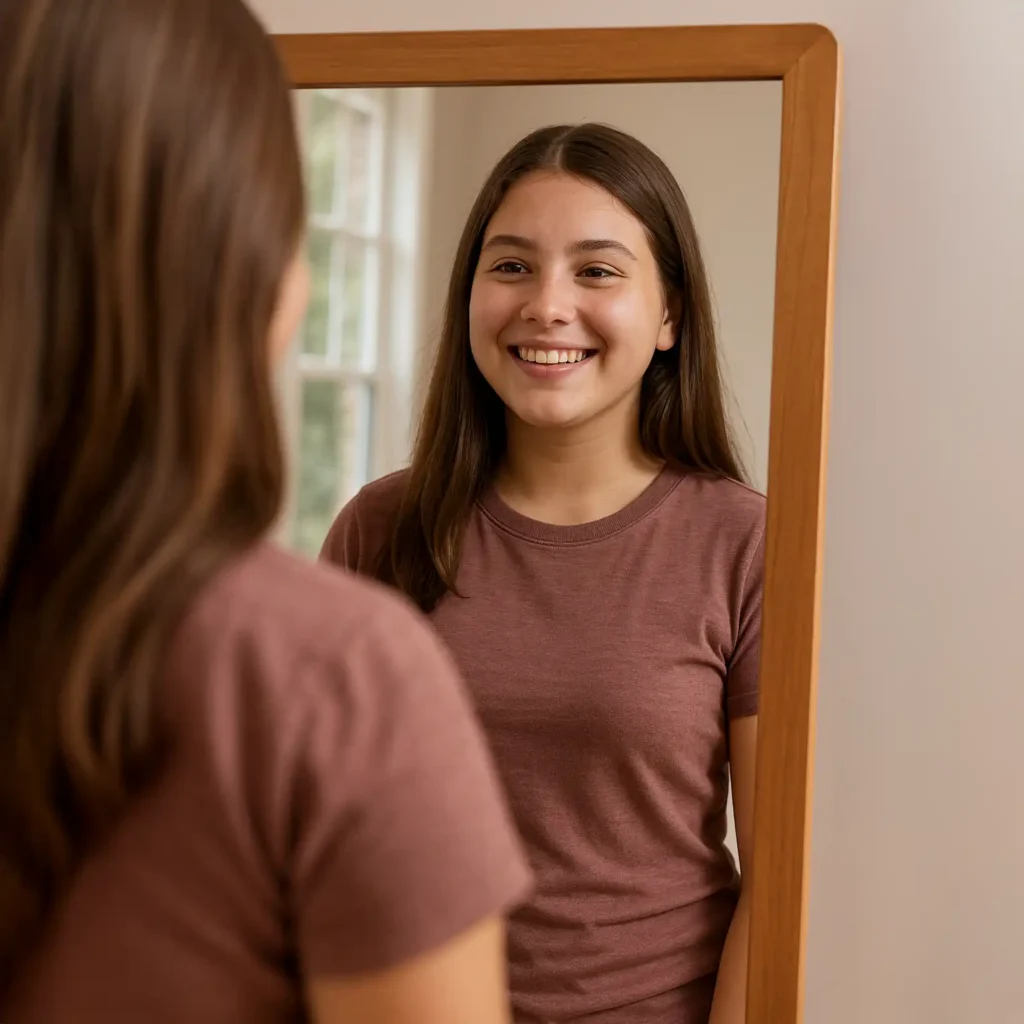 dolescente sonríe con seguridad a su reflejo, mostrando una autoestima fortalecida al comprender y aceptar su ciclo menstrual.