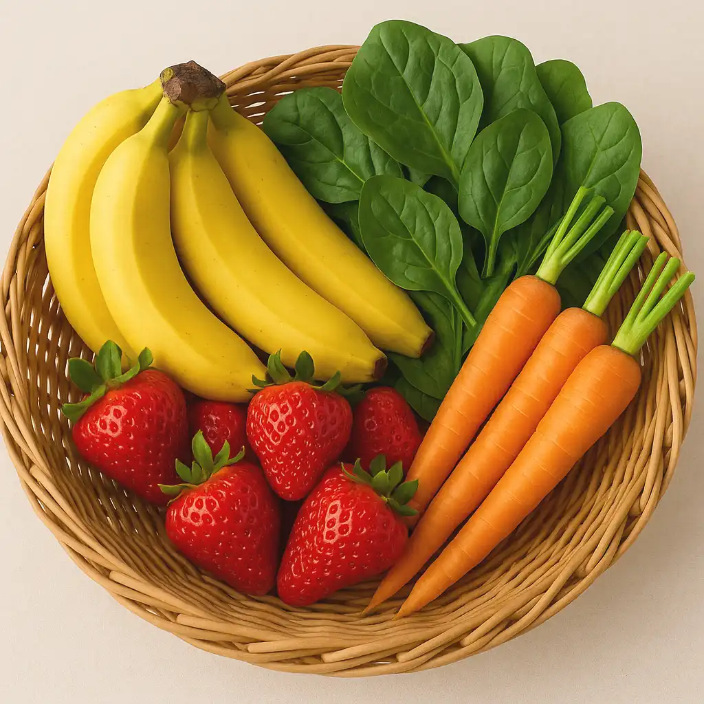 Bodegón de frutas y verduras como plátanos, frutos rojos y brócoli, aliados para aliviar los síntomas menstruales y promover el bienestar.