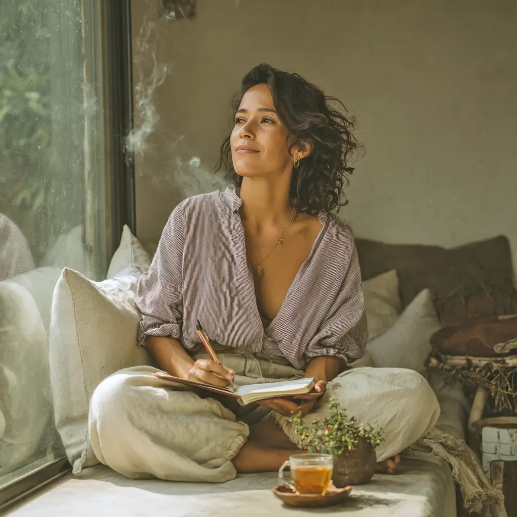 Mujer en un espacio tranquilo escribiendo en su diario para registrar sus síntomas, usando el síndrome premenstrual como una herramienta de autoconocimiento y conexión con su ciclo.