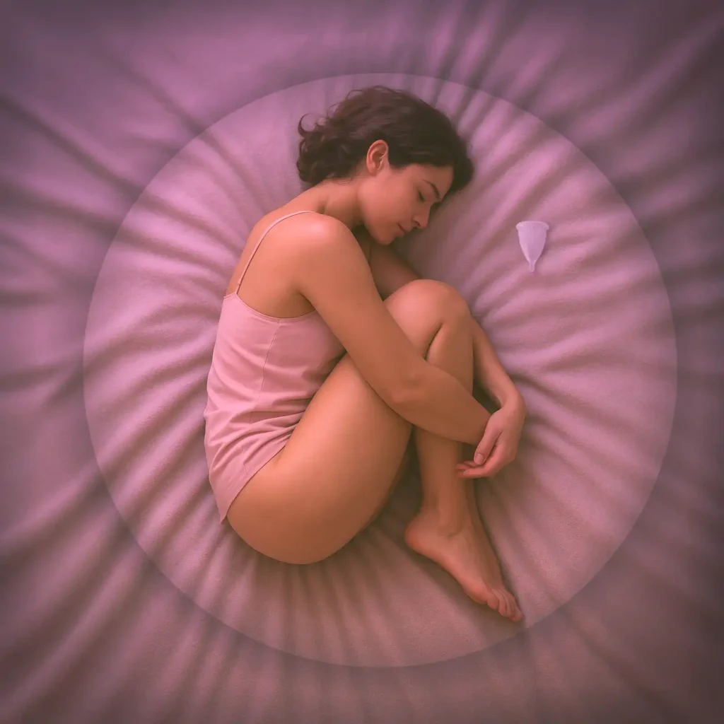 Mujer en postura de descanso y autocuidado, representando la ternura de vivir la menstruación con conciencia.