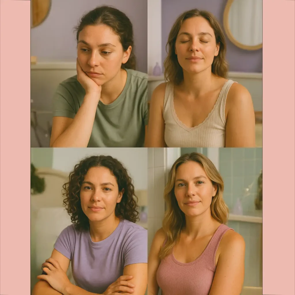 Collage de usuarias Angelcup que encontraron bienestar físico y emocional durante su ciclo.