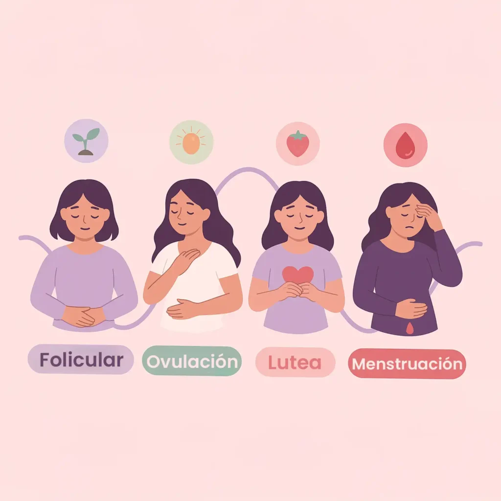Diagrama de las 4 fases del ciclo que afectan el bienestar menstrual, ilustrando la conexión cuerpo-mente.