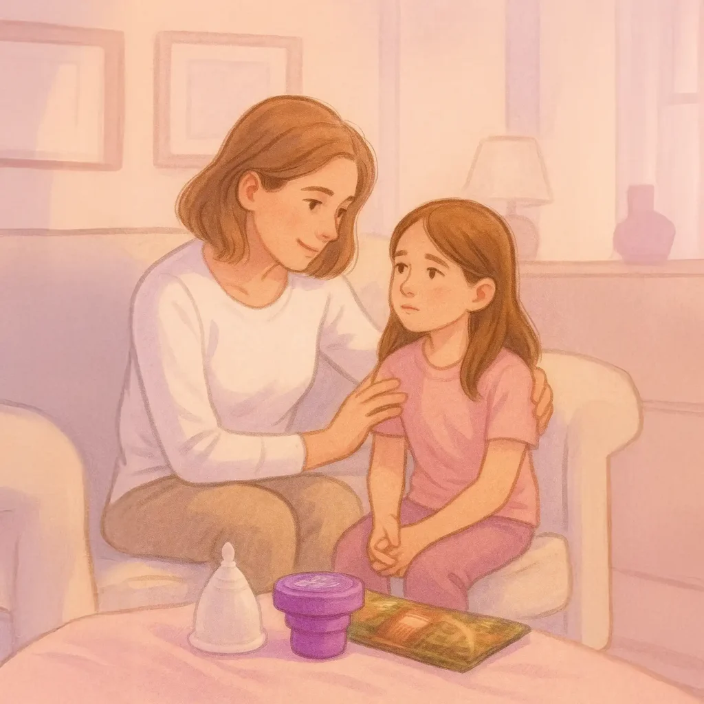 Ilustración cálida de una figura parental sentada junto a una niña, en un espacio íntimo (sala o cuarto), con expresión de escucha activa. Tonos suaves y naturales (blanco, rosa claro, lila).