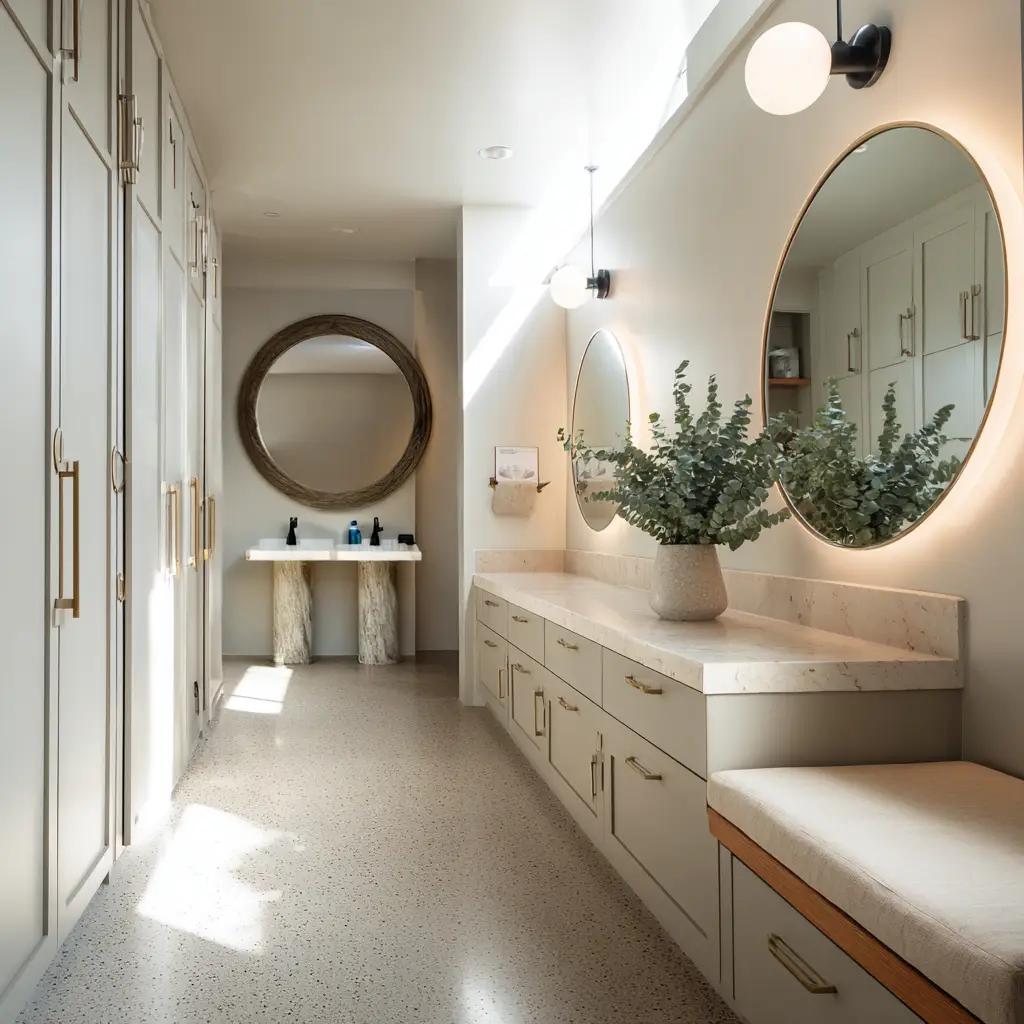 baño público moderno con espejos y lavamanos