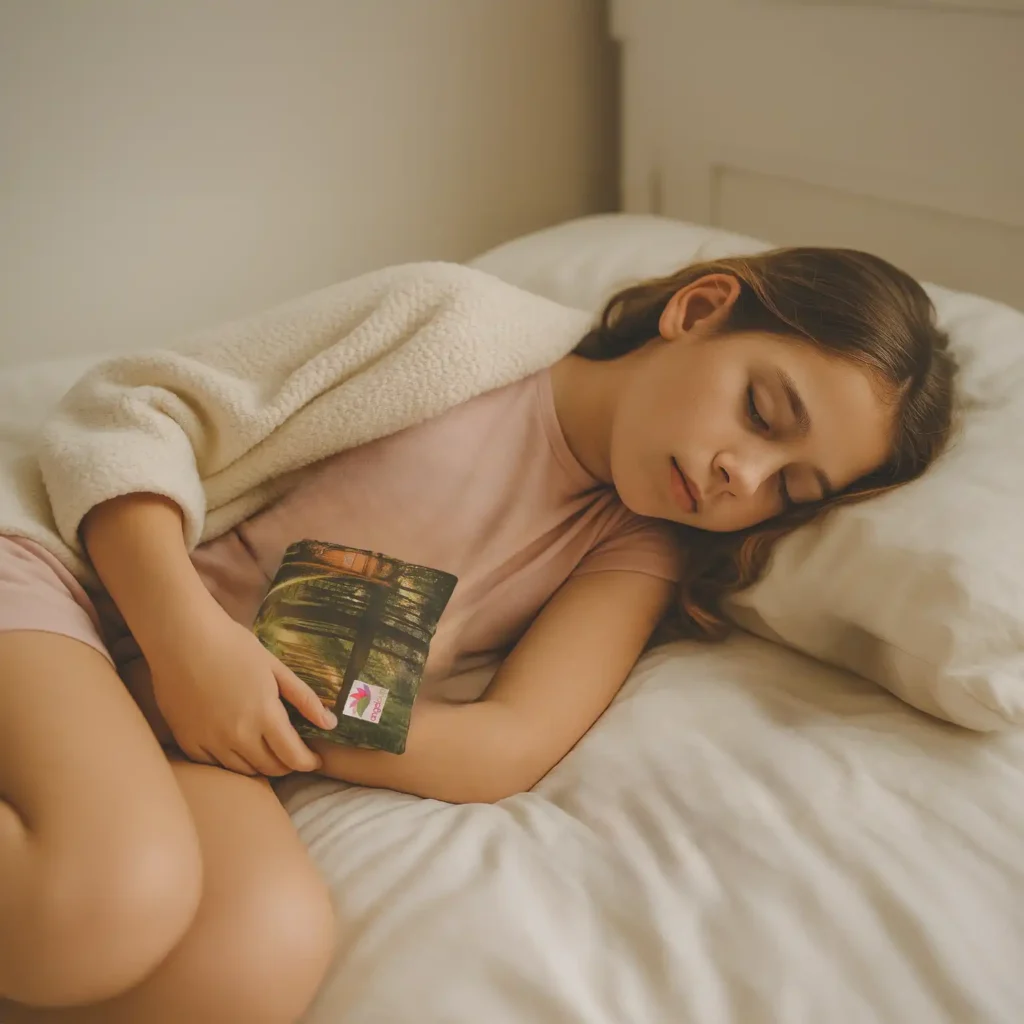 Adolescente aliviando los cólicos de su primera menstruación con el cojín térmico Angelcup.