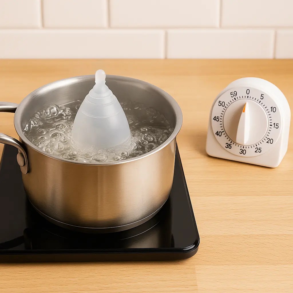copa menstrual angelcup en ollita hirviendo con timer