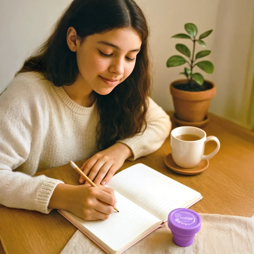 Adolescente conectando con su ciclo al escribir en su diario menstrual junto a una taza de té.