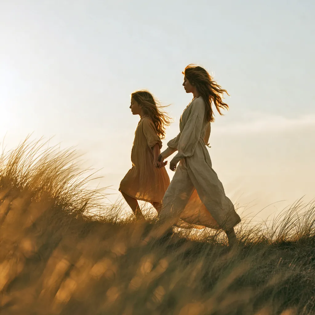 mamá e hija caminando en la pradera