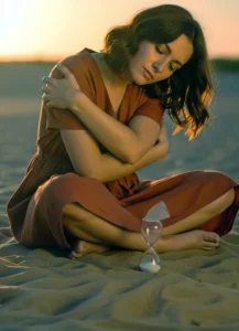 a woman sitting in sand with her eyes closed and a hourglass