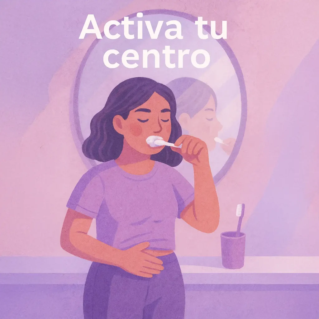 Ilustración de Mujer haciendo su rutina de ejercicios de Kegel mientras se lava los dientes para crear un hábito diario de autocuidado.