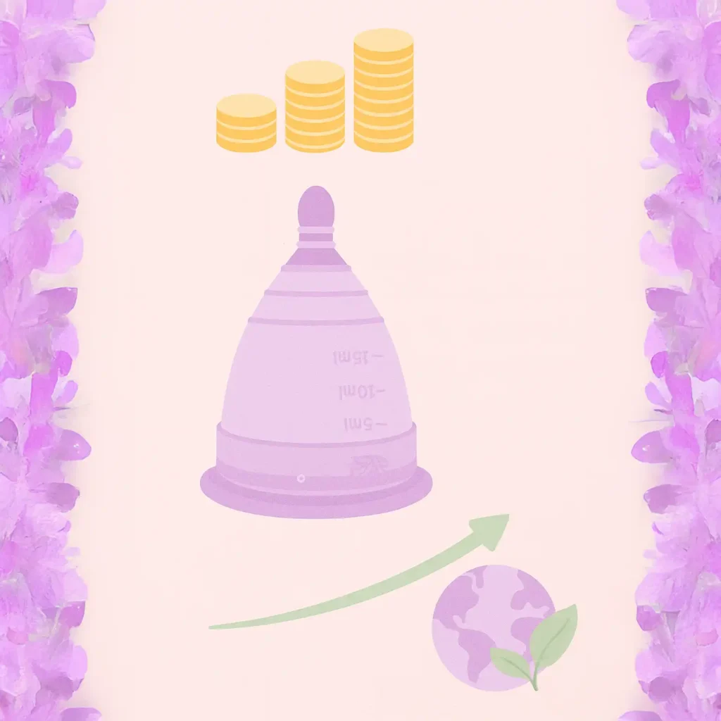 Infografía que ilustra los beneficios económicos de usar copas menstruales como Angelcup, mostrando el ahorro y el cuidado del planeta.