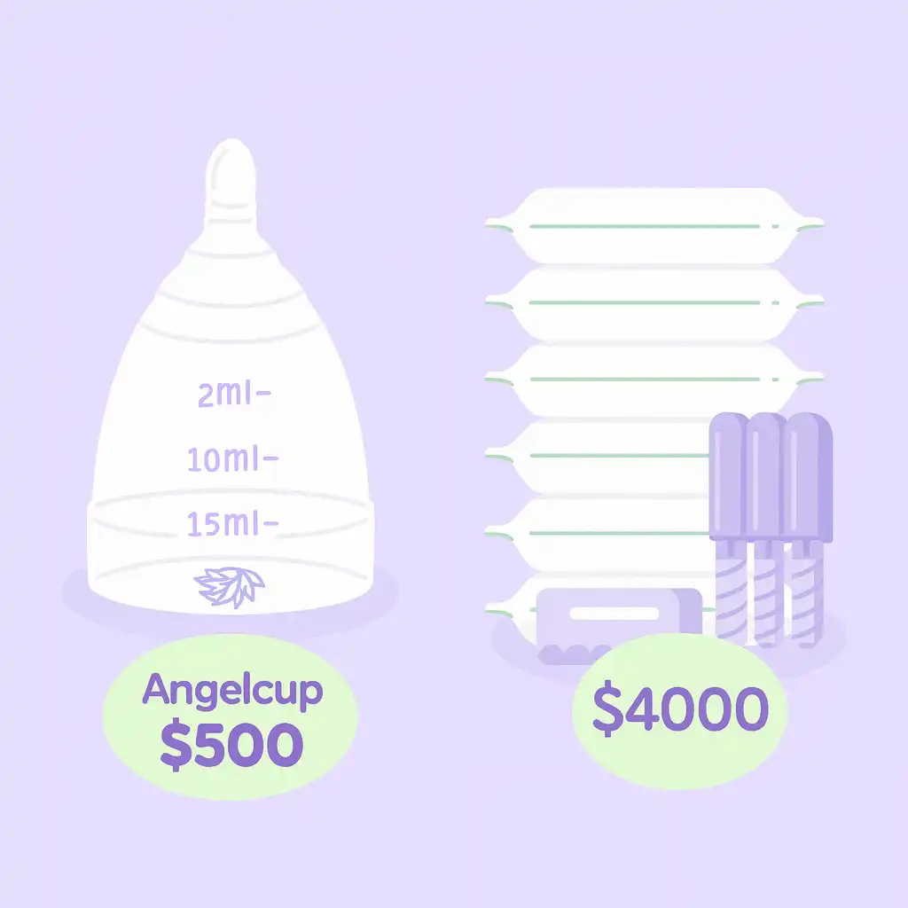 Ilustración mostrando los beneficios económicos de usar copas menstruales sobre productos desechables. Comparación entre el costo anual de productos desechables y el precio de la copa menstrual Angelcup.