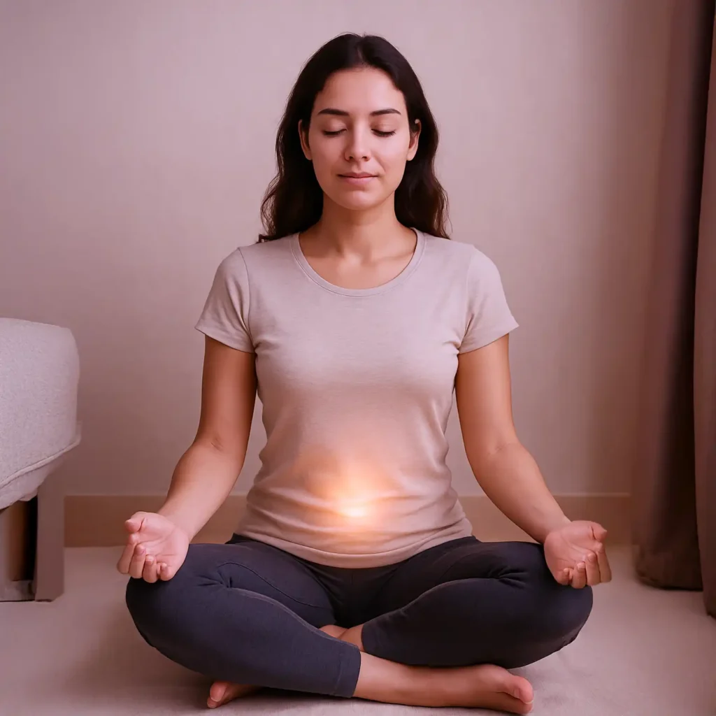 Mujer sentada en postura de meditación, con los ojos cerrados, enfocada en la respiración y el abdomen bajo iluminado suavemente.