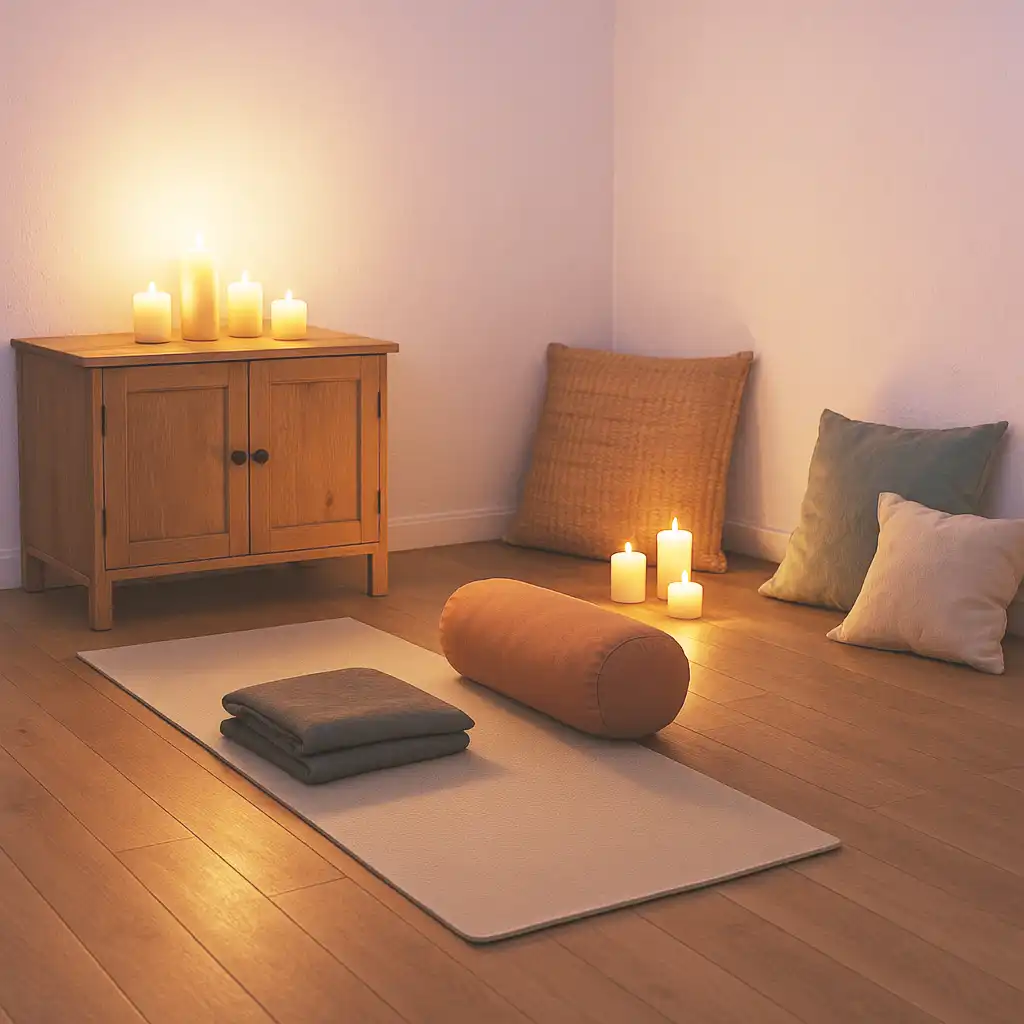 Ambiente relajante con velas y un tapete de yoga, preparado para una rutina nocturna de bienestar femenino.