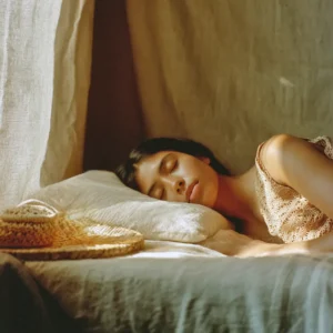 Mujer durmiendo con luz entrando por la ventana
