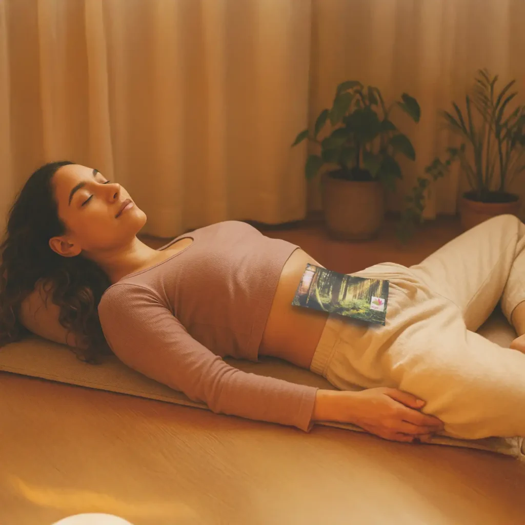 Mujer en postura de savasana usando un cojín térmico Angelcup para relajar la zona pélvica y dormir mejor.