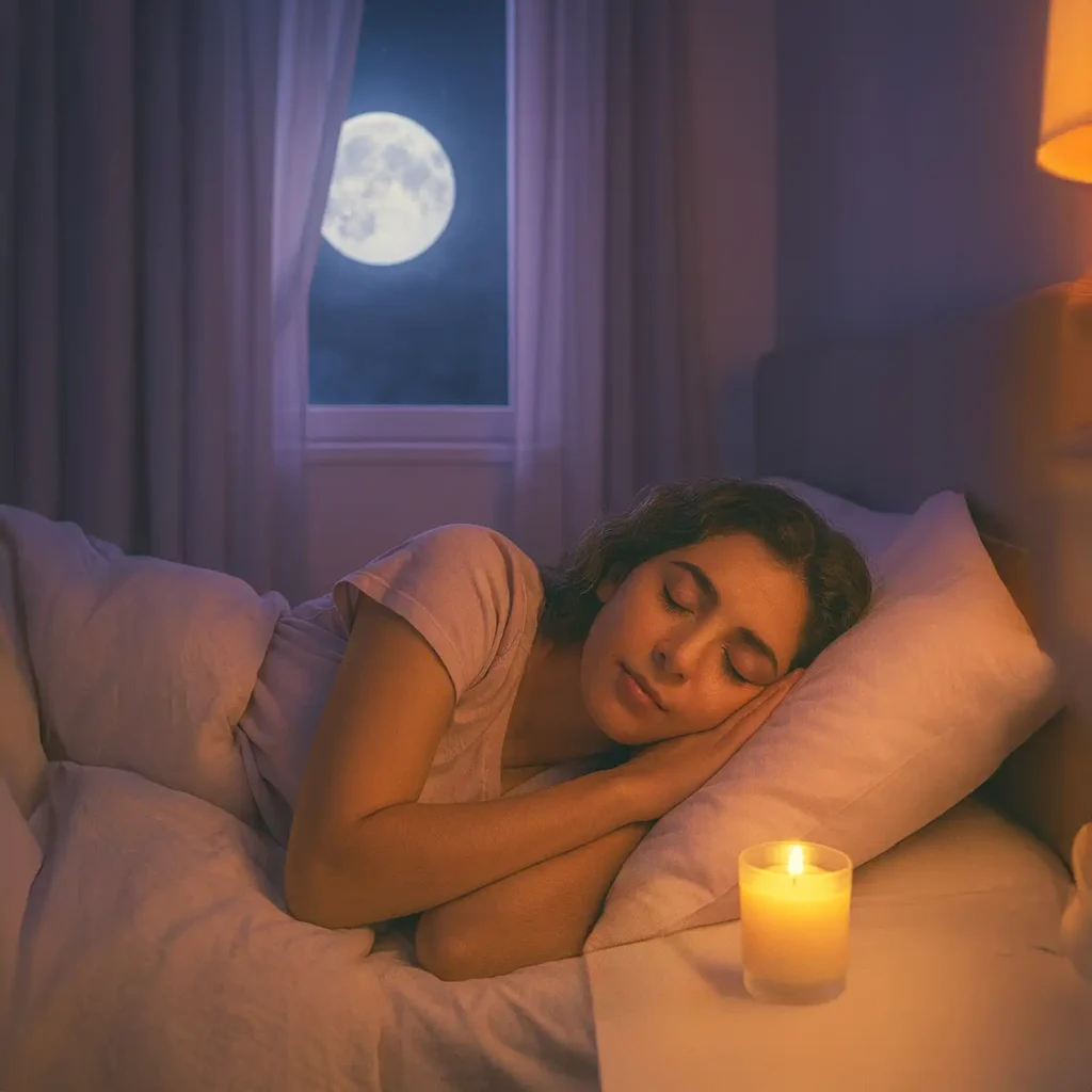 Mujer descansando plácidamente en su cama, protegida y segura gracias a su copa menstrual Angelcup, como solución al insomnio menstrual.