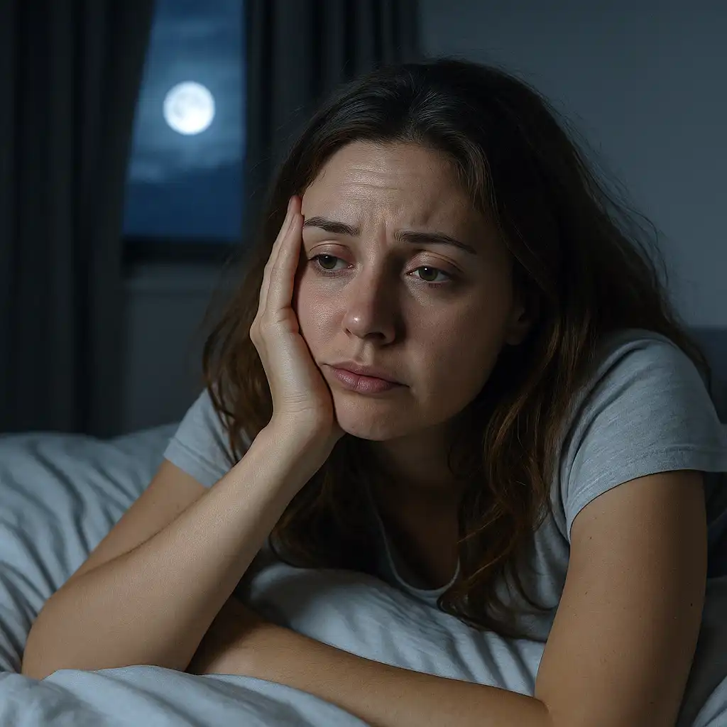 Mujer en su cama sintiendo los efectos del insomnio menstrual, con una luz de luna que ilumina su habitación.