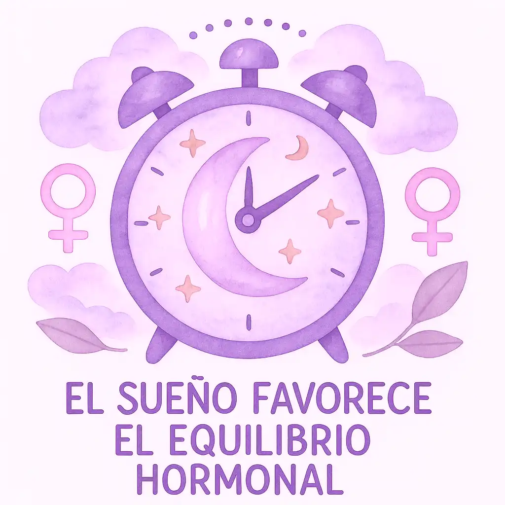 Reloj biológico femenino con símbolos de la luna mostrando el equilibrio hormonal al dormir bien durante la menstruación.
