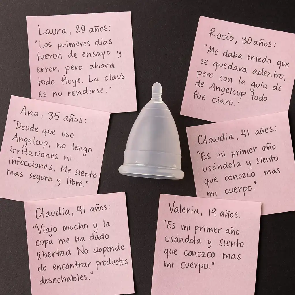 Collage de testimonios reales y experiencias con la copa menstrual Angelcup compartidos por usuarias de México.
