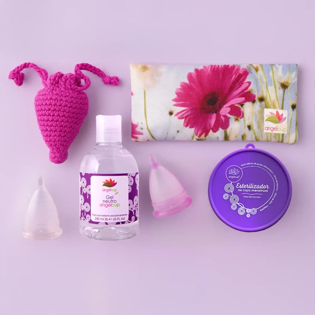 Kit de soluciones Angelcup que acompañan tu ciclo: copa menstrual, vaso esterilizador, jabón neutro y cojín para cólicos.