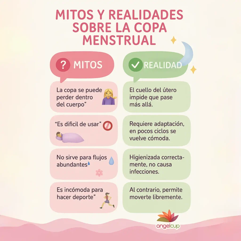 Infografía desmintiendo mitos comunes sobre la copa menstrual Angelcup, con burbujas de verdad que empoderan a la usuaria.