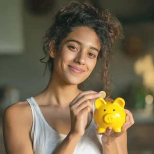 Beneficios económicos de usar copas menstruales mujer sonriendo metiendo moneda en alcancía