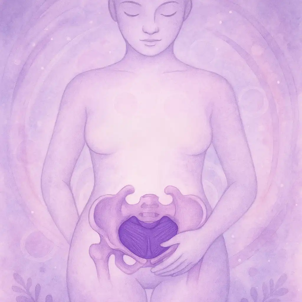 Ilustración poética del suelo pélvico femenino con tonos lila y rosa, mostrando la conexión con órganos internos y el aura energética alrededor.