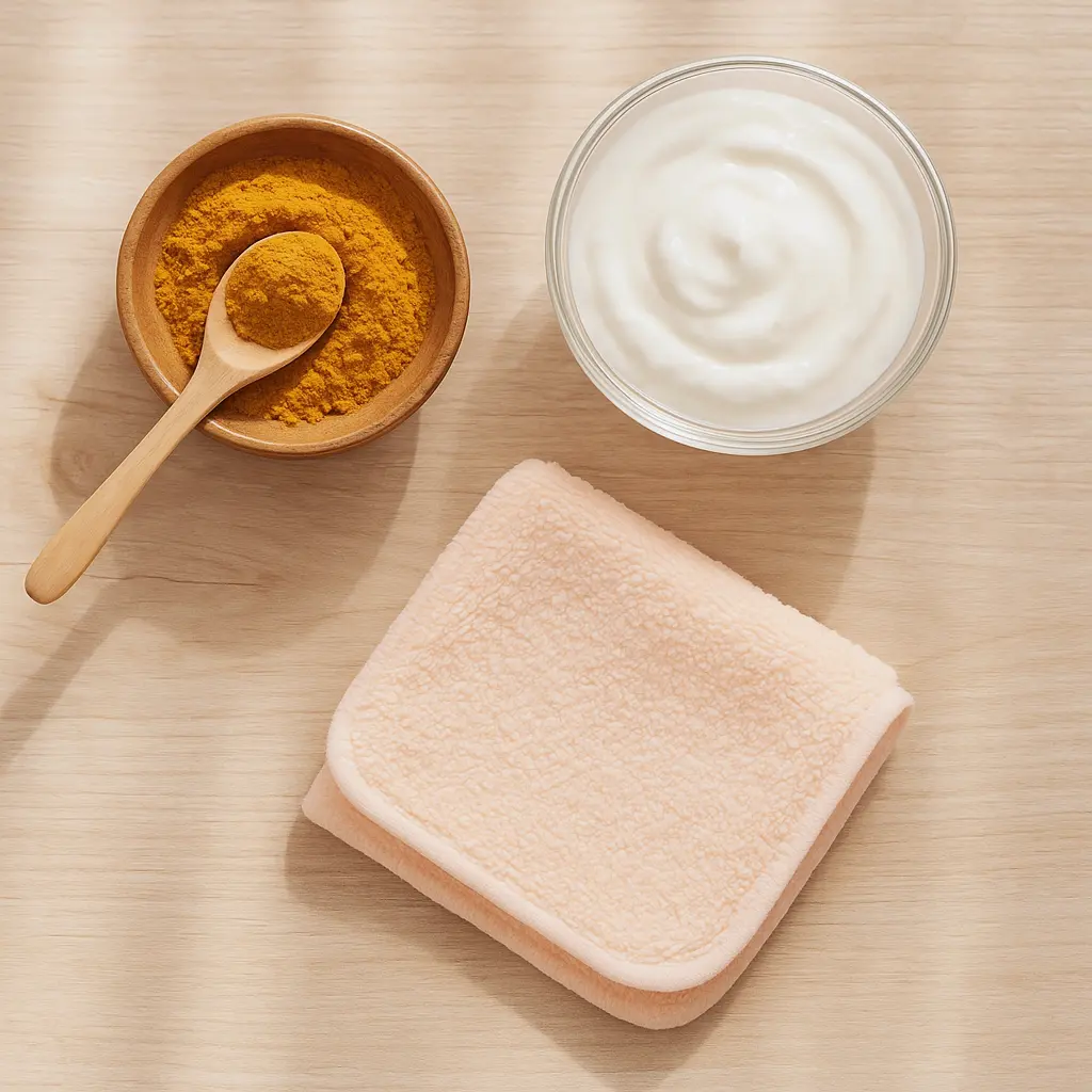 Flatlay con ingredientes (cúrcuma, yogur, toallita) sobre una mesa de madera clara con luz natural.