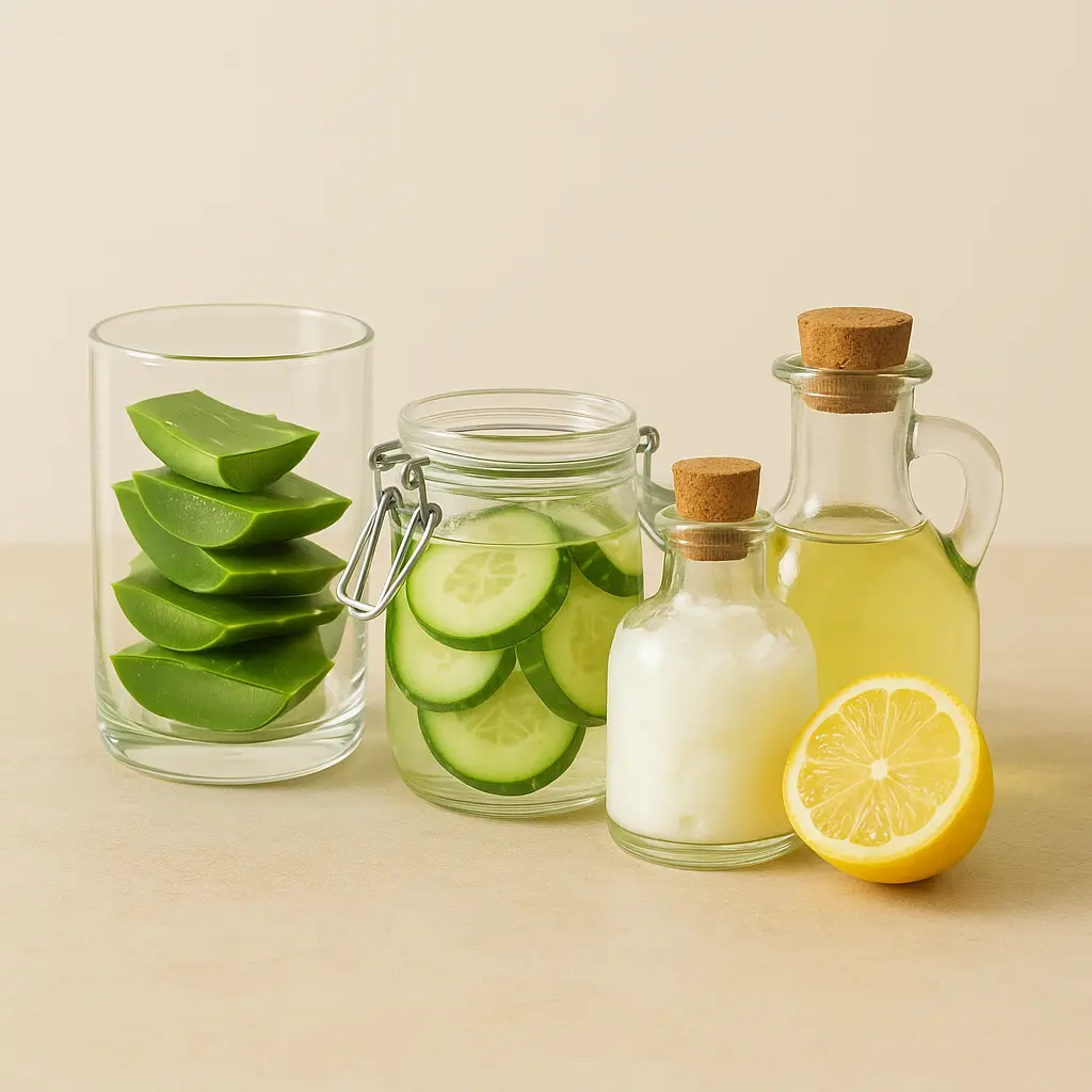 Fotografía editorial con frascos caseros tipo spa natural: aloe, pepino, aceite de coco, limón. Fondo neutro.