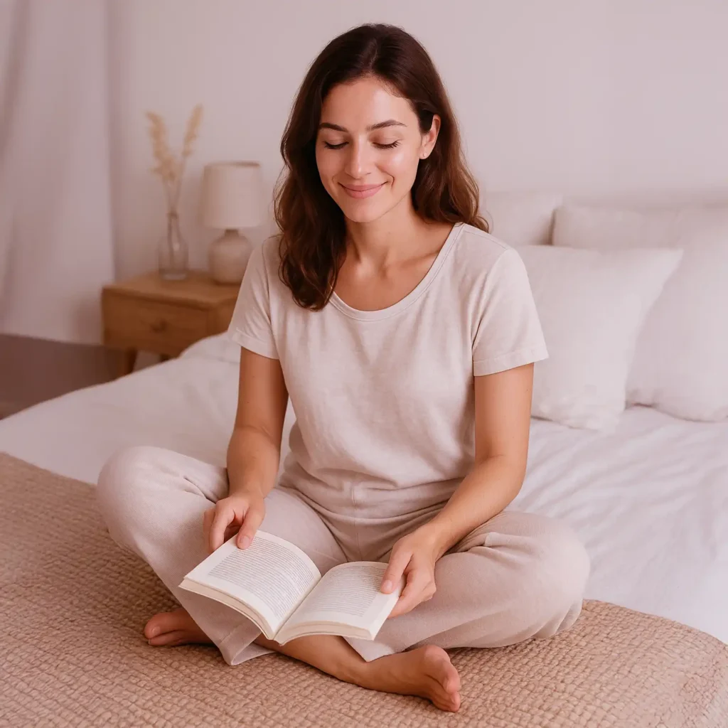 mujer sentada sobre su cama con una libreta abierta o leyendo un libro. Viste ropa cómoda de algodón claro, y el entorno transmite calma, higiene y autocuidado.