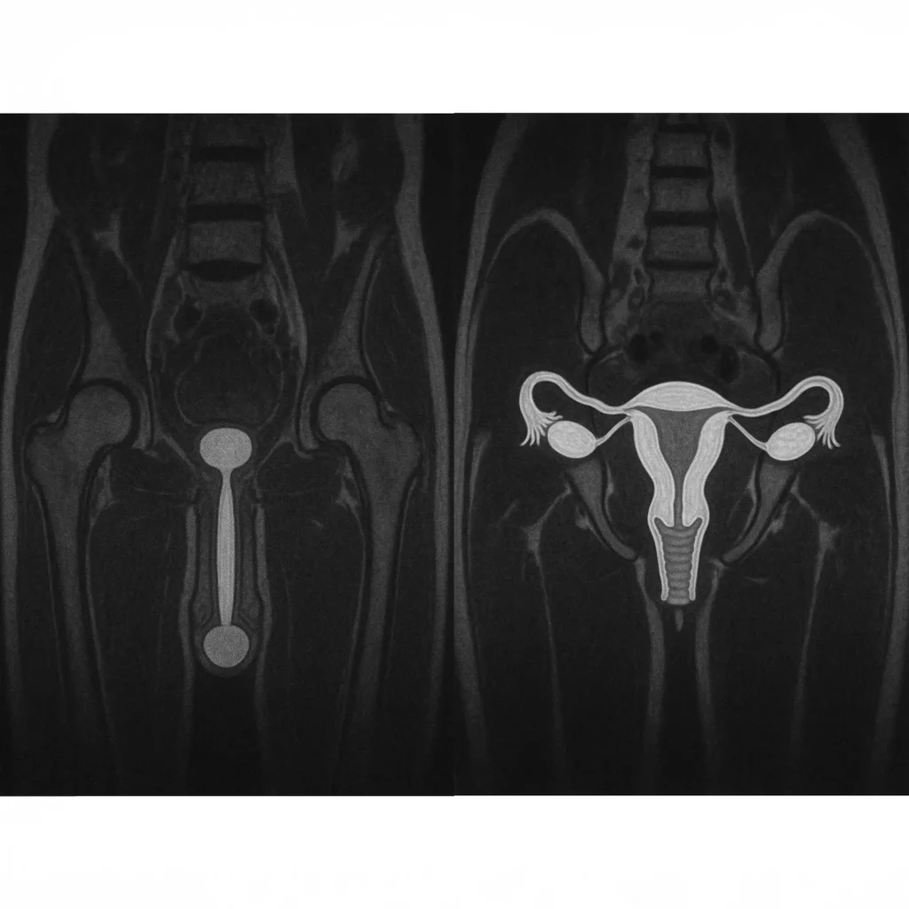Escaneo MRI en blanco y negro con indicaciones de los órganos reproductivos humanos