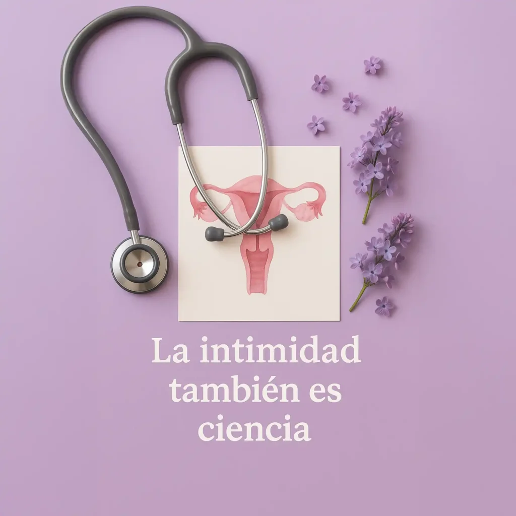 Composición con un estetoscopio y una ilustración del útero sobre un fondo lila, simbolizando la conexión entre la salud femenina y el placer.