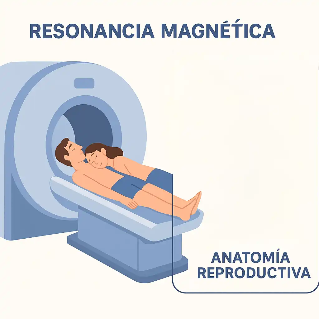 Infografía educativa de una pareja en un escáner de resonancia magnética, mostrando la anatomía interna durante el coito con respeto y curiosidad.