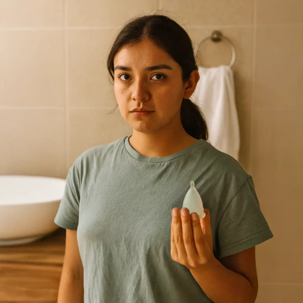 Mujer joven mexicana con mirada determinada usando copa menstrual en baño acogedor.