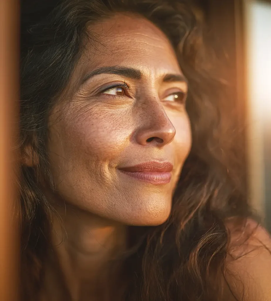 Mujer contemplando el horizonte al amanecer, simbolizando la conquista de su libertad menstrual y la soberanía sobre su cuerpo gracias a un ciclo consciente.