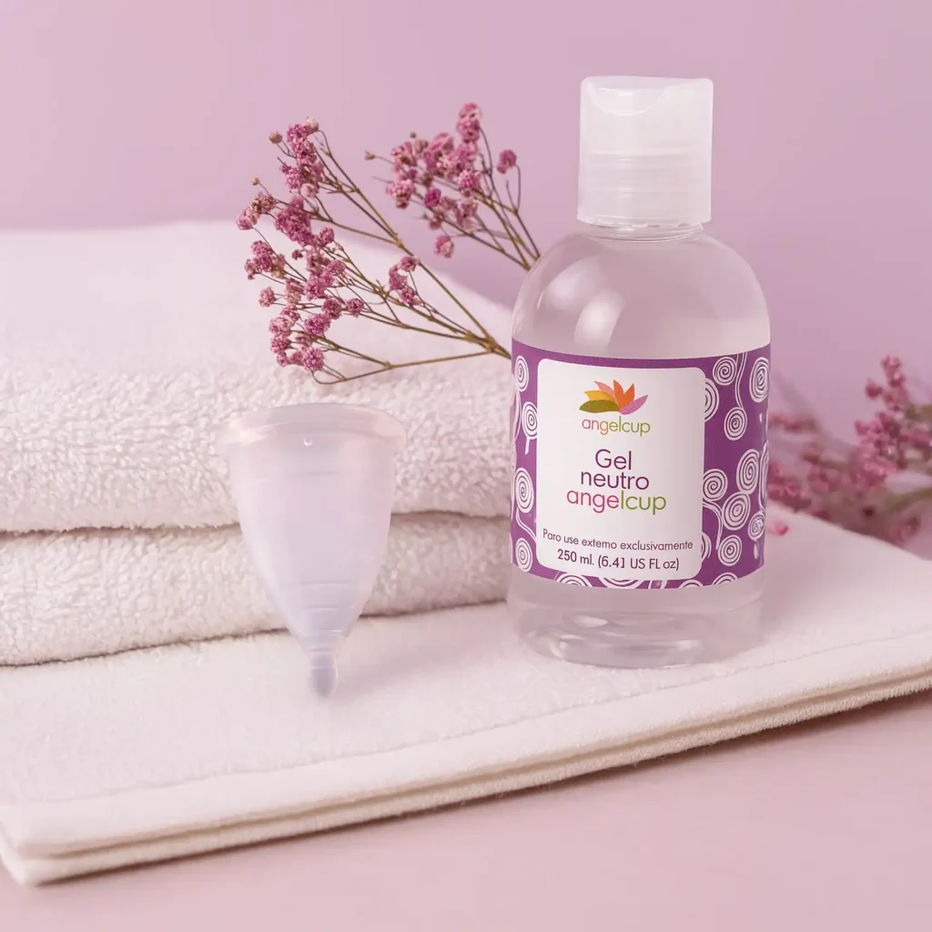 Copa menstrual Angelcup con gel neutro y flores naturales. Simboliza el autocuidado consciente, la higiene respetuosa y el vínculo amoroso con el ciclo menstrual.