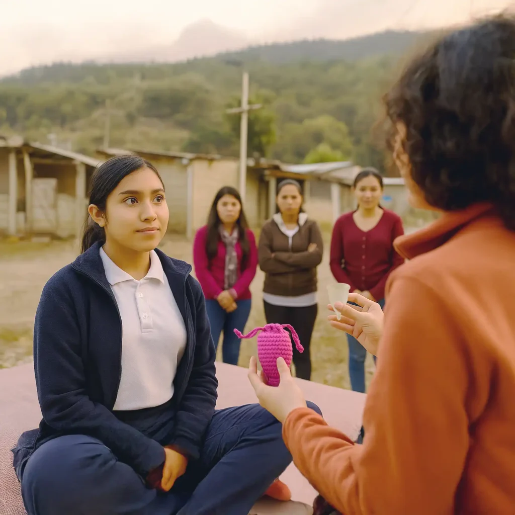 Adolescente en una comunidad rural aprendiendo sobre salud menstrual. Representa el acceso a información, la equidad de género y la lucha por la justicia menstrual.
