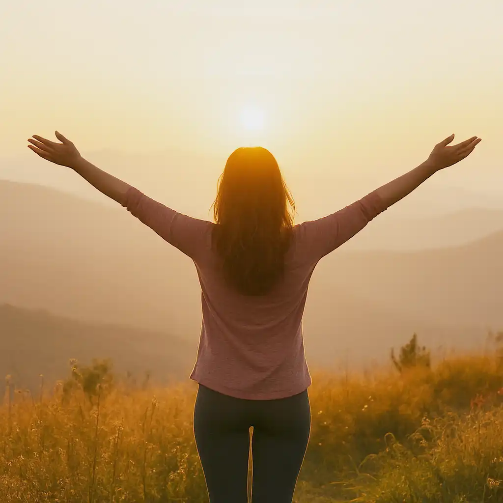 Mujer a contra luz con el amanecer con los brazos abiertos en conexión con su cuerpo y la naturaleza durante el amanecer. Representa el empoderamiento femenino, la libertad y la paz interior que Angelcup promueve.