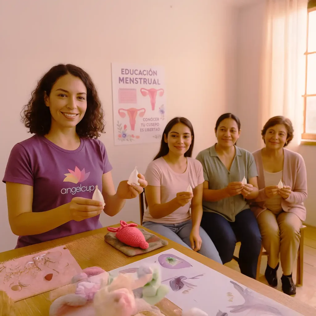 Taller de educación menstrual Angelcup con mujeres aprendiendo sobre su ciclo. Refleja empoderamiento, comunidad y acceso a la salud femenina.