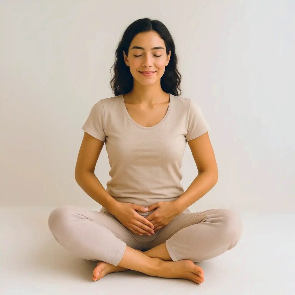 Mujer meditando en posición de loto, conectando con su ciclo y su poder interior. Representa la paz, la autocompasión y la dignidad menstrual desde la mirada Angelcup.