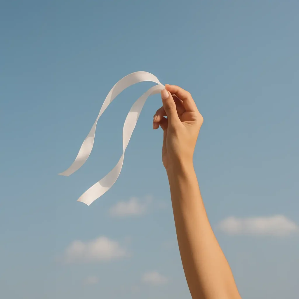 Mano de mujer con sosteniendo un listón blanco, simbolizando la sororidad y la paz en el Día Internacional de la No Violencia.