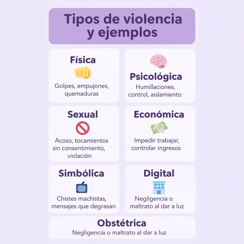 Infografía educativa que resume los tipos de violencia contra la mujer, incluyendo la física, psicológica, sexual, económica, simbólica, digital y obstétrica, con ejemplos claros para aprender a detectarlas