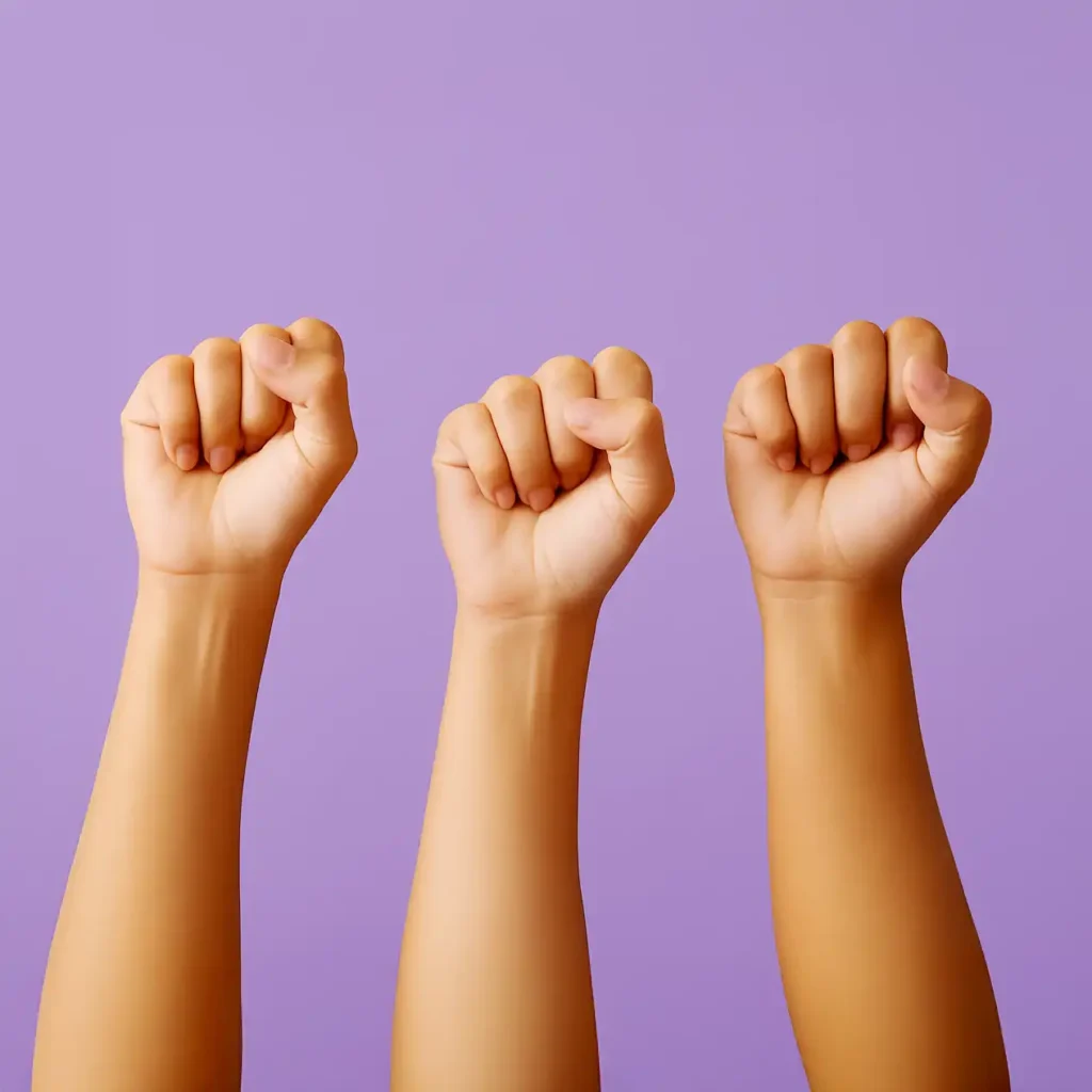Tres brazos de mujeres con distintos tonos de piel levantados en puño sobre un fondo morado, simbolizando la unidad, la fuerza y la sororidad en la lucha del Día contra la Violencia de la Mujer.