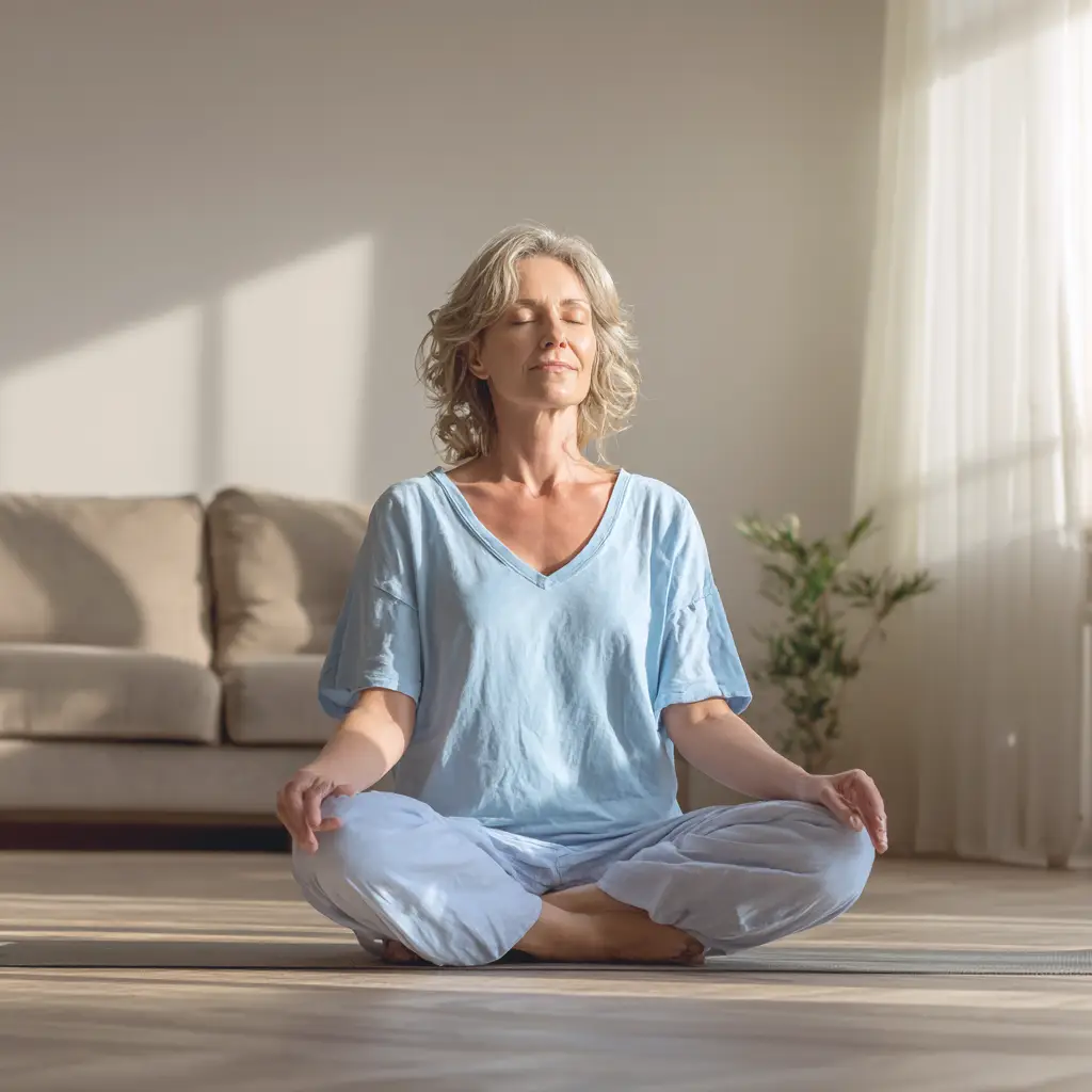 Mujer mayor en posición de meditación sobre el piso, vestida de azul, encontrando paz interior y autoconocimiento durante la menopausia.