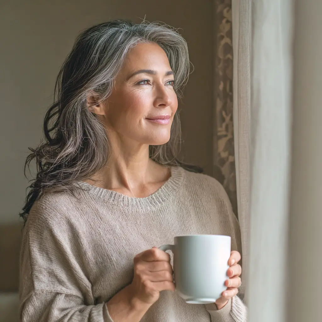 Mujer de 50 años sonriendo con serenidad y confianza, representando la plenitud y el bienestar durante la transición de la menopausia y el climaterio.